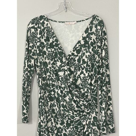Tory Burch Size Medium Green Ivory Leaf Print Michele Faux Wrap Dress V Neck - Picture 3 of 9